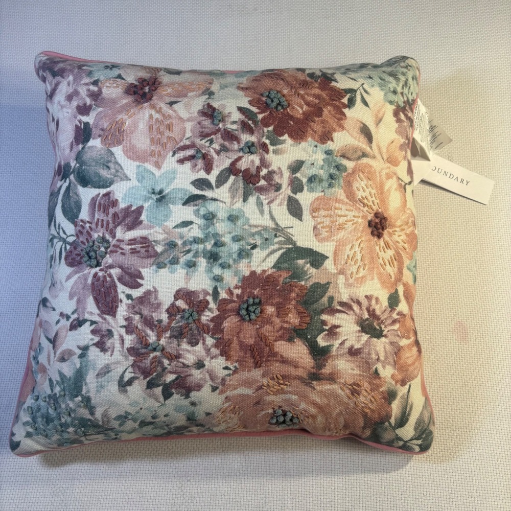 Boundary Floral Embroidered Duck Feather Filled Pink Mauve Sage Throw Pillow 18
